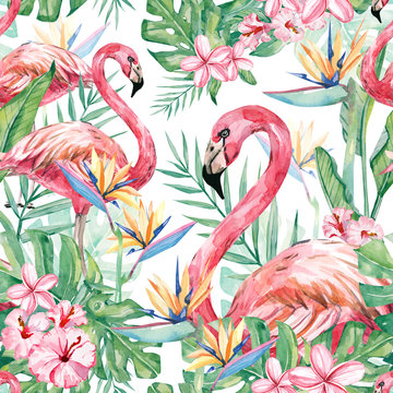 watercolor tropical floral and flamingo seamless pattern, colorful exotic summer print with floral elements leaves, branches for the textile fabric and wallpapers