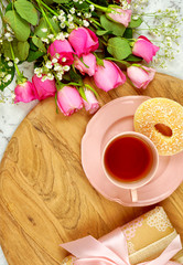 Feminine leisure and relaxation flat lay overhead, sunday morning brunch, Mother's Day, birthday or Valentine's celebration.