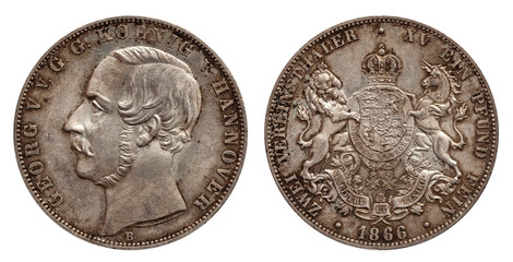 Germany german silver coin 2 two thaler double thaler Hannover minted 1866 isolated on white background