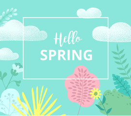Hello spring. Green card or poster with abstract floral pattern.