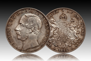 Germany german silver coin 2 two thaler double thaler Hannover minted 1866 isolated on gradient...