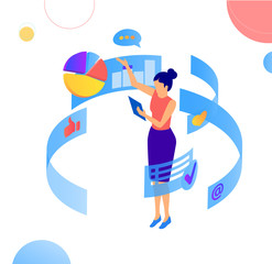 Business statistics, financial indicators and online analysis service. Illustration with woman, charts and graphs.