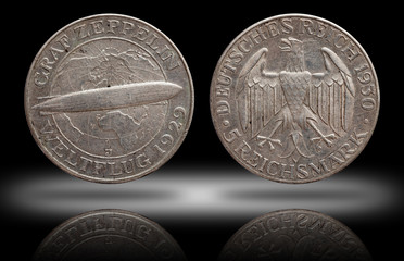 Germany German silver coin 5 five mark zeppelin Weimar Republic