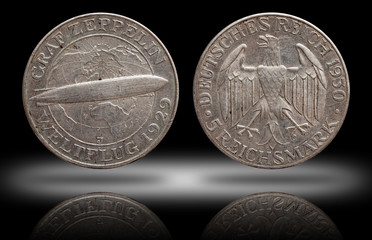 Germany German silver coin 5 five mark zeppelin Weimar Republic © Matt Light