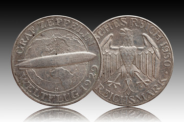 Germany German silver coin 5 five mark zeppelin Weimar Republic © Matt Light