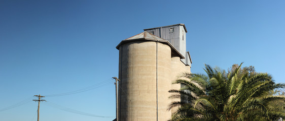 tall wheat grain silos rising high over a small rural town in New South Wales, Australia