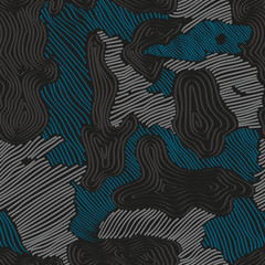 Seamless blue, gray and black hand drawn different striped figure camo textile pattern vector