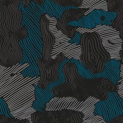 Fototapete Militärisches Muster Nahtlose blaue, graue und schwarze handgezeichnete verschiedene gestreifte Figur camo Textilmuster Vektor