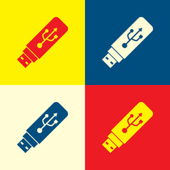 USB icon. Yellow, blue and red color material minimal icon or logo design