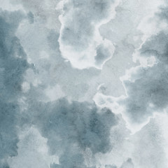 Colorful winter blue ink and watercolor textures on white paper background. Paint leaks and ombre effects. Hand painted abstract image. Deep sea.