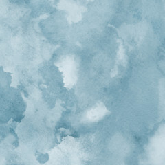 Colorful winter blue ink and watercolor textures on white paper background. Paint leaks and ombre effects. Hand painted abstract image. Deep sea.