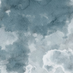 Colorful winter blue ink and watercolor textures on white paper background. Paint leaks and ombre effects. Hand painted abstract image. Deep sea.