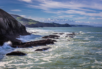 Rocky shore of Atlantic Ocean Bay of Biscay in Ubiarco village in northern part of Spain