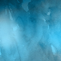 Fototapeta na wymiar Colorful winter blue ink and watercolor textures on white paper background. Paint leaks and ombre effects. Hand painted abstract image. Deep sea.