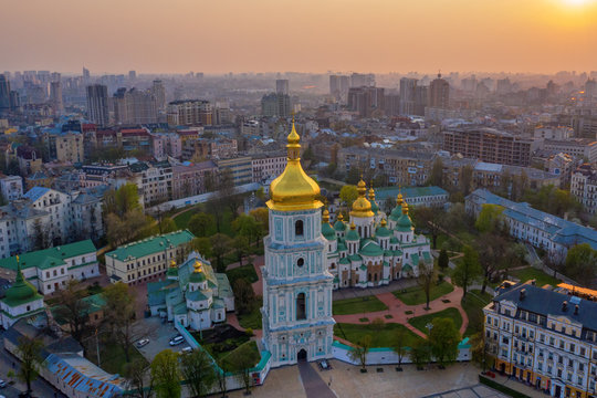 Aerial view of Sofievskaya Square and St. Sophia Cathedral in Kiev, Ukraine. Tourist Sight. Ukrainian baroque