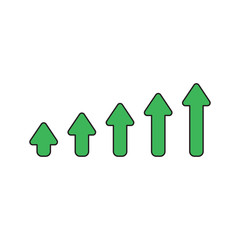 Vector icon concept of sales bar chart with arrows moving up. Black outlines and colored.