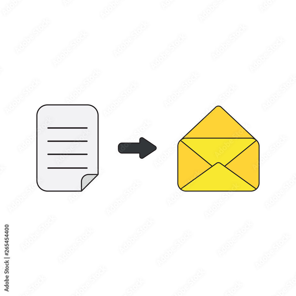 Poster vector icon concept of written paper into open envelope mail. black outlines and colored.