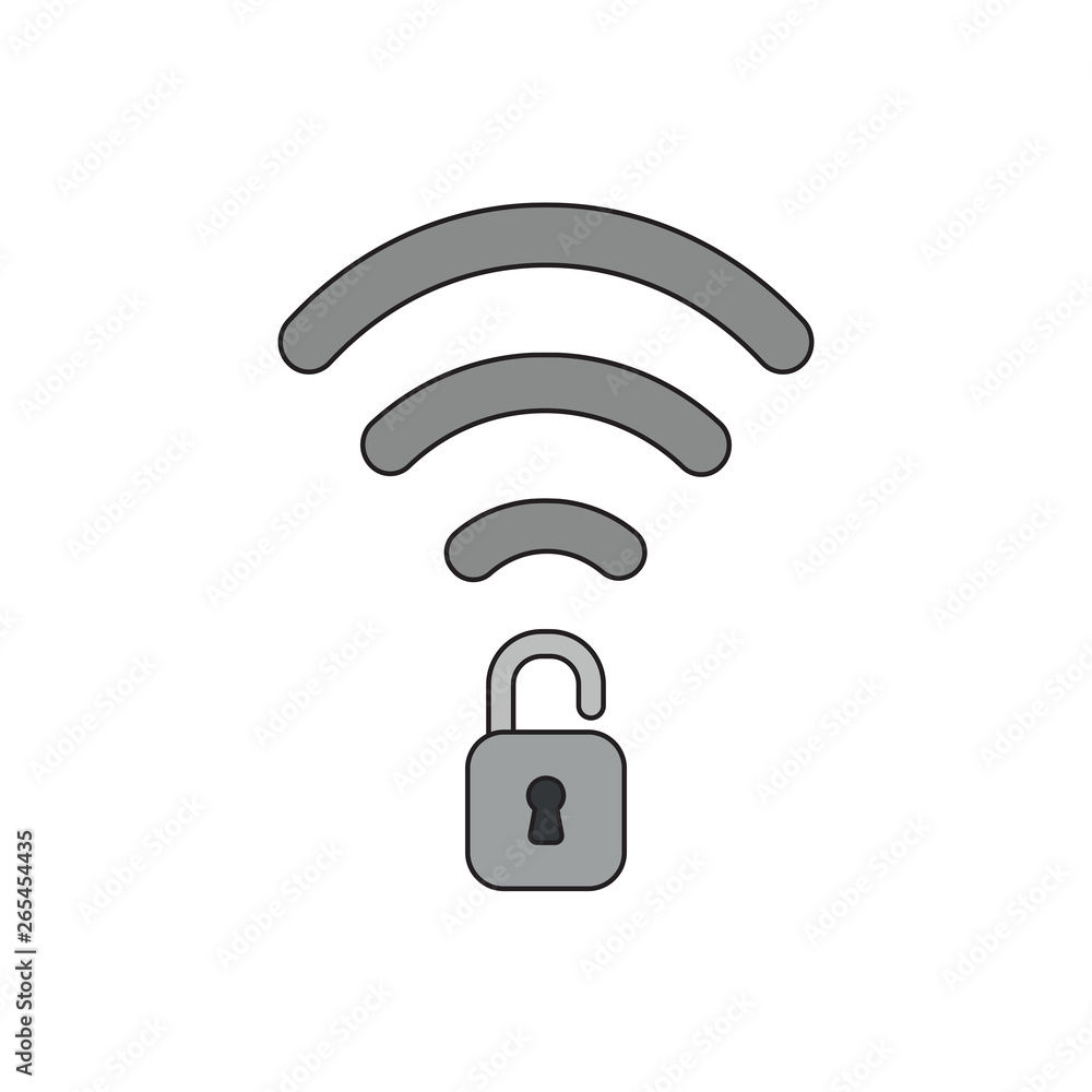 Poster vector icon concept of wireless symbol with opened padlock. black outlines and colored.