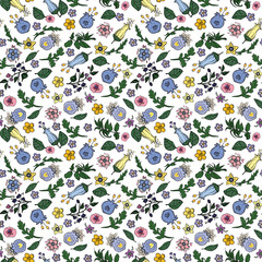 Seamless pattern made of contour flowers in doodling style on transparent background.