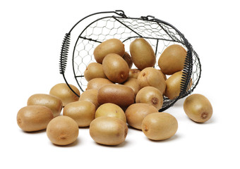 Whole and cut golden kiwifruit/ kiwi (Actinidia chinensis) on white 