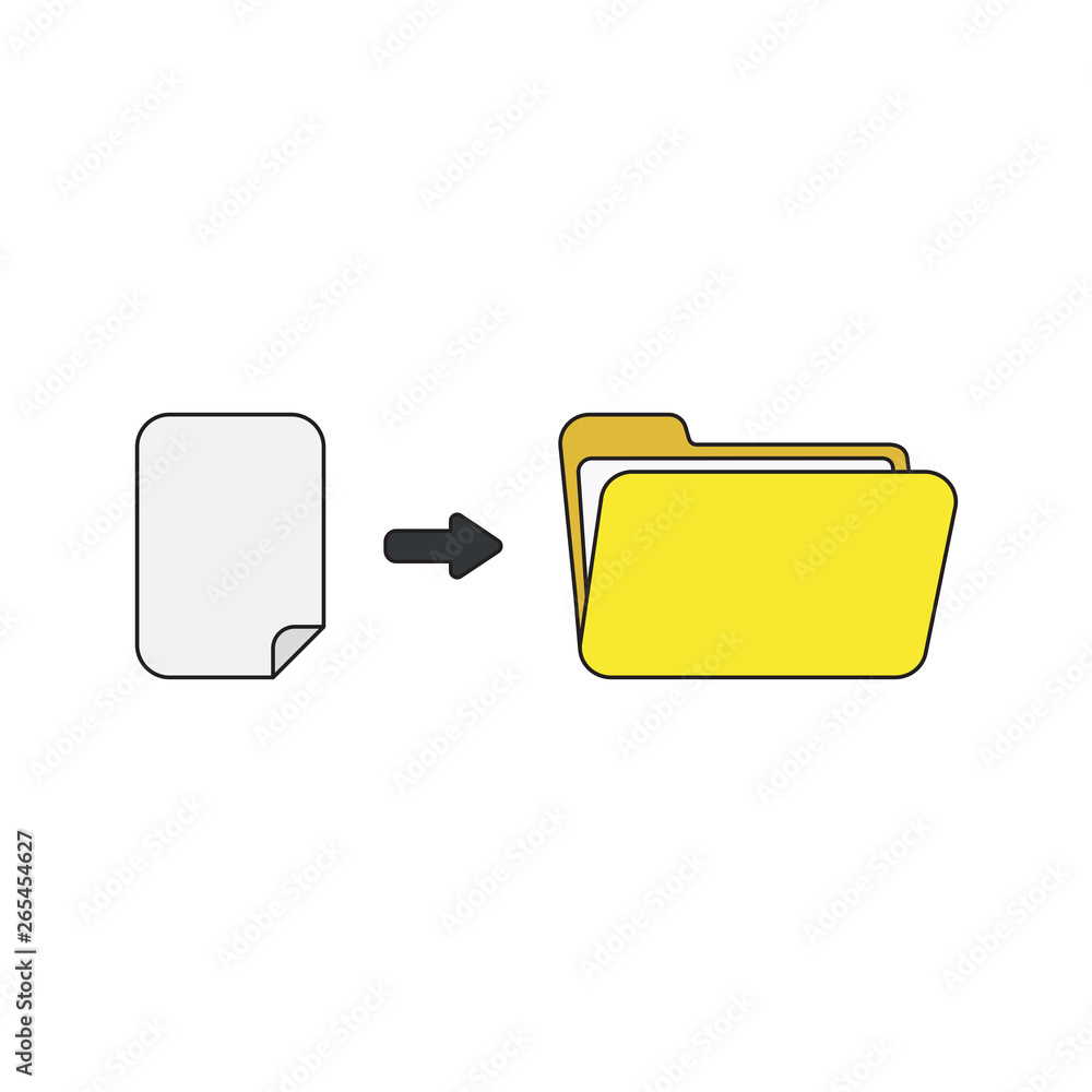 Aufkleber vector icon concept of blank paper into open folder. black outlines and colored.
