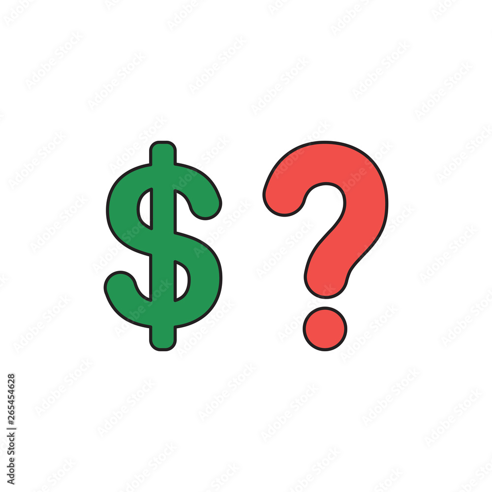 Poster vector icon concept of dollar symbol with question mark. black outlines and colored.