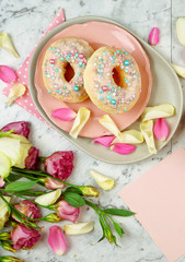 Feminine leisure and relaxation flat lay overhead, sunday morning brunch, Mother's Day, birthday or Valentine's celebration.