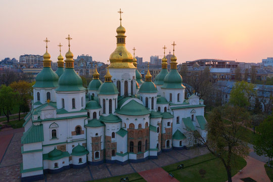 Aerial view of Sofievskaya Square and St. Sophia Cathedral in Kiev, Ukraine. Tourist Sight. Ukrainian baroque