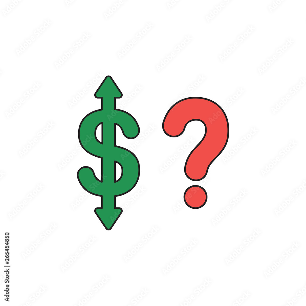 Poster vector icon concept of dollar symbol with arrow pointing up and down and question mark. black outlin