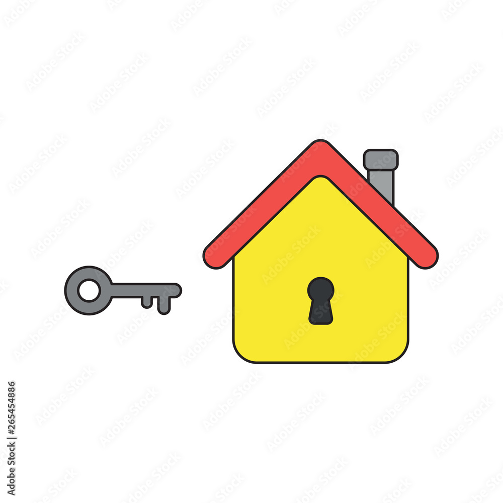 Poster vector icon concept of key and house with keyhole. black outlines and colored.