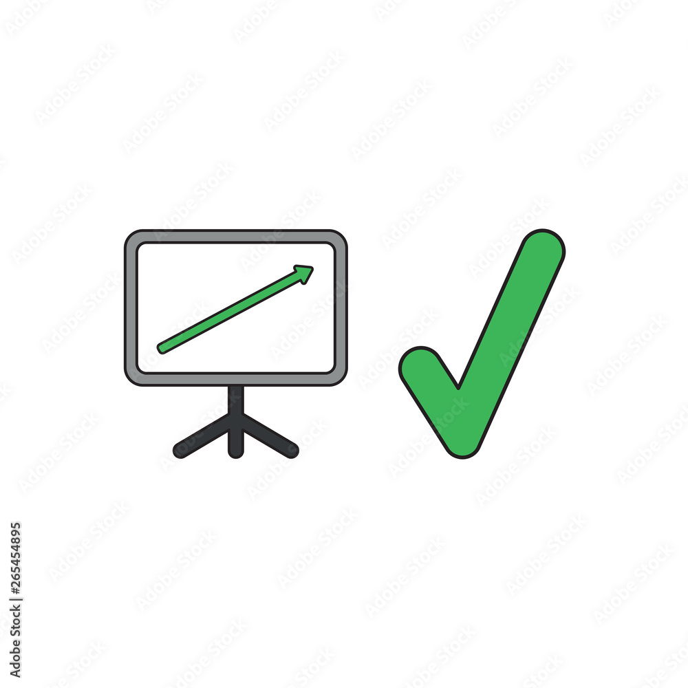 Poster vector icon concept of sales chart with arrow moving up and check mark. black outlines and colored.