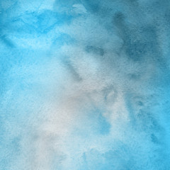 Colorful winter blue ink and watercolor textures on white paper background. Paint leaks and ombre effects. Hand painted abstract image. Deep sea.