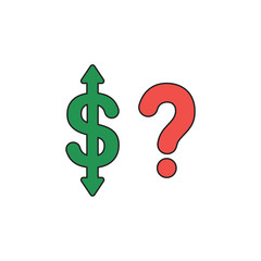 Vector icon concept of dollar symbol with arrow pointing up and down and question mark. Black outlines and colored.