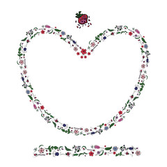 heart made of flowers and berries in doodling style and enless border.