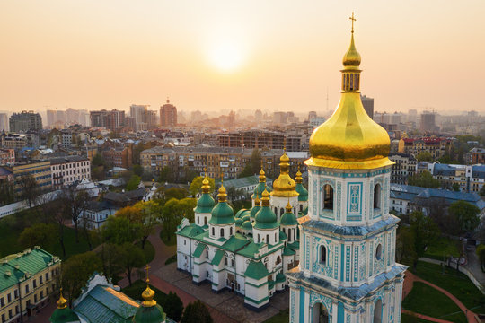 Aerial view of Sofievskaya Square and St. Sophia Cathedral in Kiev, Ukraine. Tourist Sight. Ukrainian baroque
