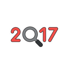 Vector icon concept of 2017 with magnifying glass. Black outlines and colored.