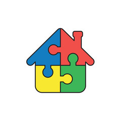 Vector icon concept of house shape four puzzle pieces connected.