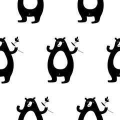 Cute cartoon spring bear pattern with hand drawn bears and flowers. Sweet vector black and white spring bear pattern. Seamless monochrome doodle spring bear pattern for textile, wrapping and cards.