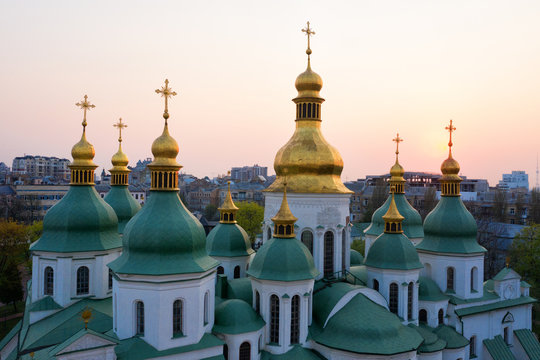 Aerial view of Sofievskaya Square and St. Sophia Cathedral in Kiev, Ukraine. Tourist Sight. Ukrainian baroque