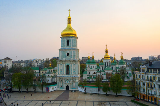 Aerial view of Sofievskaya Square and St. Sophia Cathedral in Kiev, Ukraine. Tourist Sight. Ukrainian baroque