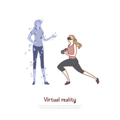 Young woman in VR headset doing exercise, coach hologram, girl holding dumbbells, futuristic fitness banner