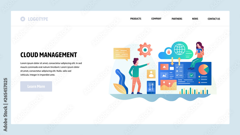 Poster Vector web site design template. Cloud computing technology and secure storage. Cloud management. Landing page concepts for website and mobile development. Modern flat illustration