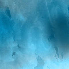 Colorful winter blue ink and watercolor textures on white paper background. Paint leaks and ombre effects. Hand painted abstract image. Deep sea.