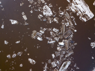 The ice floes floating on the river. The ice drift in spring time