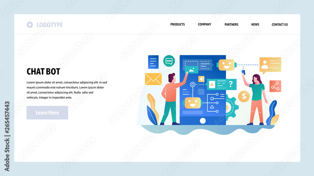 Poster vector web site design template. online chat bot, mobile ai robot technology. landing page concepts 
