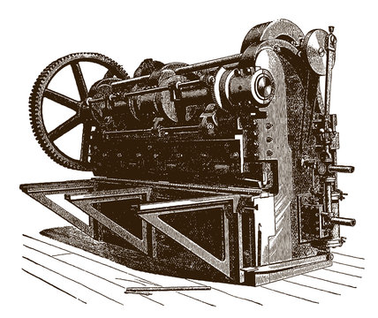 Historical gang punching machine with steam engine, after an etching or engraving from the 19th century