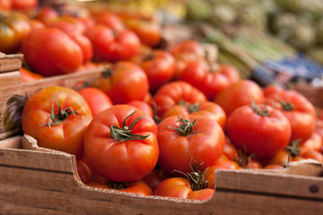 fresh tomatoes on branch in wicker baskets on counter