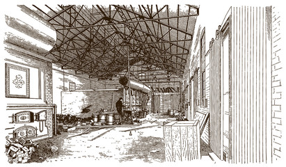Fototapeta premium Interior view of a historical boiler house of a factory (after an engraving or etching from the 19th century)