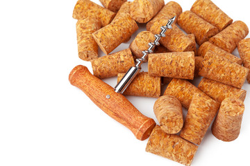 corkscrew and wine cork isolated on white background