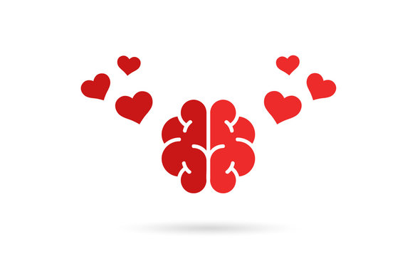 Brain and heart isolated on a whit background. Brain in love. Conflict between emotions and rationality. Icon or logo. Red color. Simple modern design. Valentine's day. Flat style vector illustration.